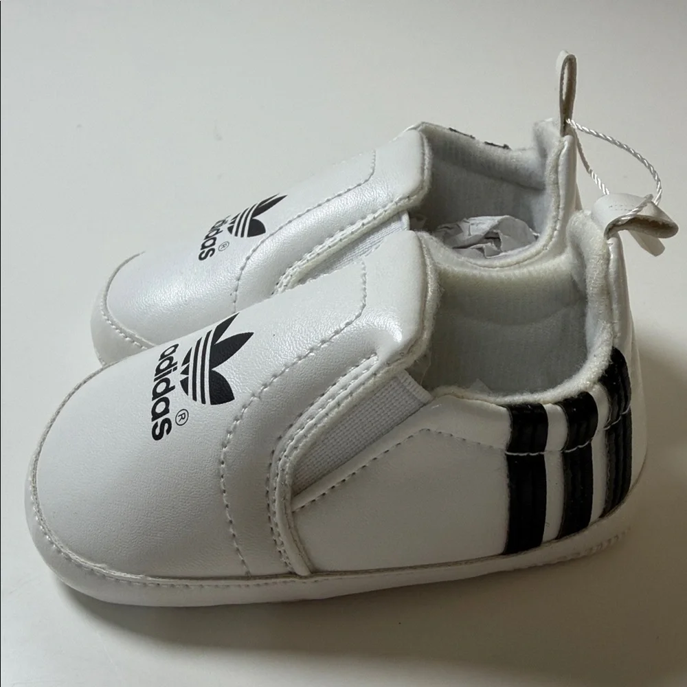 adidas White Slip-On Baby Shoes with Black Logo